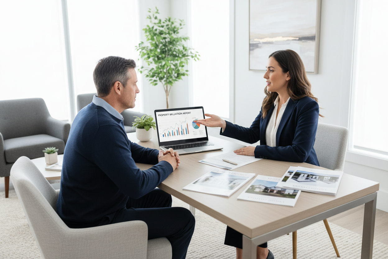 Agente immobiliare in ufficio moderno che presenta a un proprietario una valutazione su laptop con grafici e brochure dell’immobile, atmosfera professionale, luce naturale, stile corporate minimal, colori neutri, foto realistica.