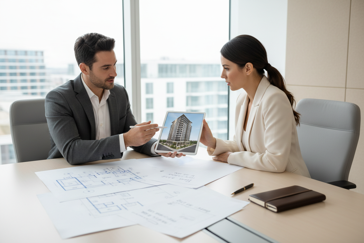 Architetto e investitore in meeting su tavolo con planimetrie e render 3D su tablet, appunti su costi e ROI, ufficio moderno luminoso, stile corporate minimal, colori neutri, foto realistica.