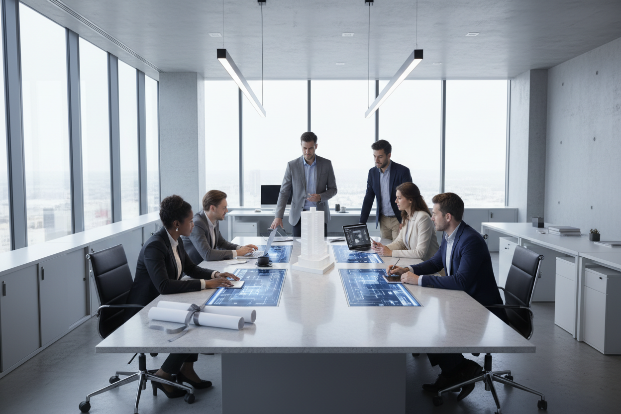 Modern professional workspace with architects and consultants reviewing building plans and digital floor plans around a table. Clean, organized environment, sense of coordination and control. Neutral premium colors (titanium gray, white, midnight blue), natural light, realistic photographic style.